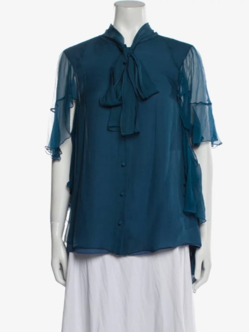 Chloe Blue Silk Button Up Short Sleeve Blouse Top 42 10 L